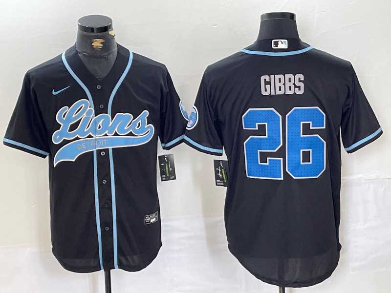 Mens Detroit Lions #26 Jahmyr Gibbs Black With Patch Cool Base Stitched Baseball Jersey